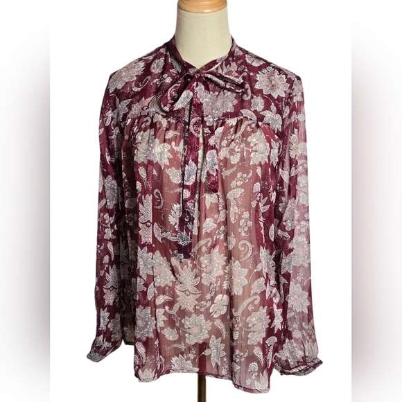 Lucky Brand Floral Paisley Sheer Bow Tie Neck Blouse - Picture 1 of 9